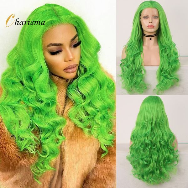 

costume accessories body wave lace front wigs for women green color synthetic hair glueless lace wigs with natural hairline lace wigs, Silver