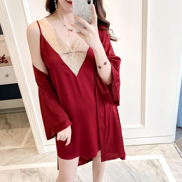 

women's sleepwear fzslcyiyi summer lace trim satin lady brides bridesmaid wedding robe gown women nightdress 2pcs, Black;red