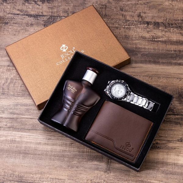 

3pes/set men's gift set beautifully packed watch+wallet perfume foreign trade cool creative combination watch wristwatches, Slivery;brown