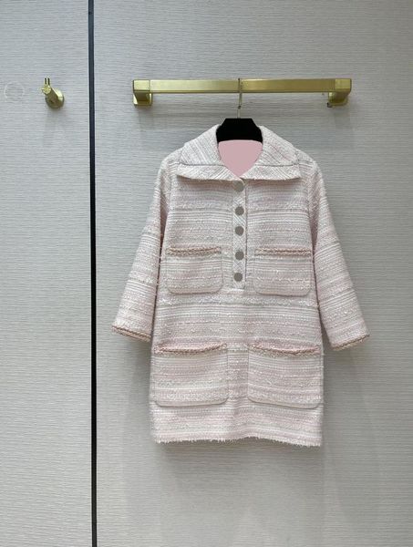 

luxury design wool blends dress 2021 large pocket single breasted pink mini spring fall lapel versatile tweed dresses casual, Black;gray