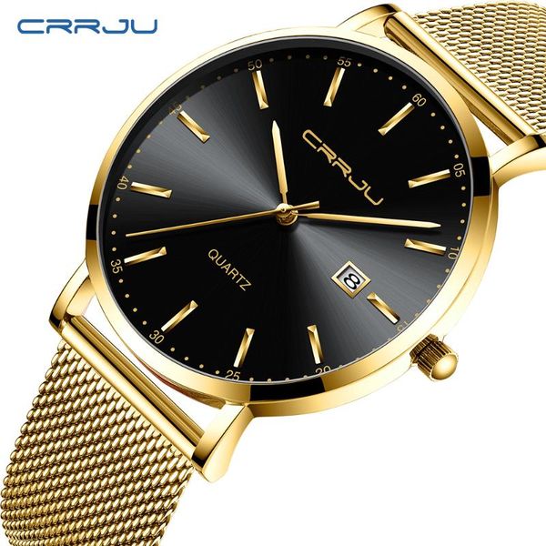 

watches crrju for men luxury waterproof slim stylish date casual quartz watch sports mesh strap clock wristwatches, Slivery;brown