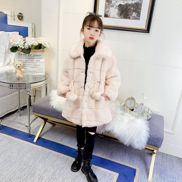 

down coat 2021 mid-length faux fur solid color winter children outerwear kids girl thick warm lapel parka teenage sweet elegant, Blue;gray