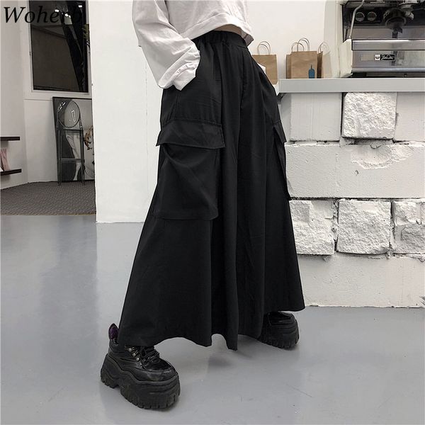 Harajuku Streetwear Calças Coreanas Carga Mulheres Homem Verão Hip Hop Harem Vintage Kimono Japão Solto Calças Pretas 210422