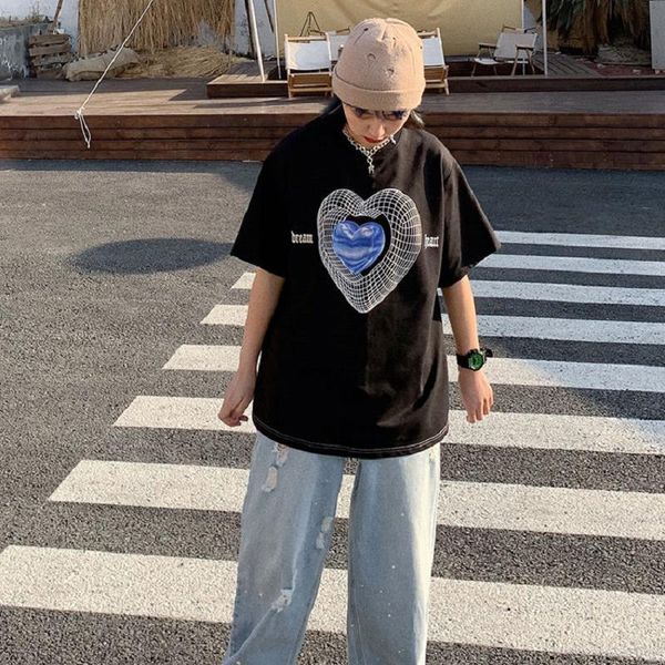 

women's t-shirt oversize heart print o neck short sleeve cotton t shirt y2k street style hip hop women 2021 summer female clothing, White