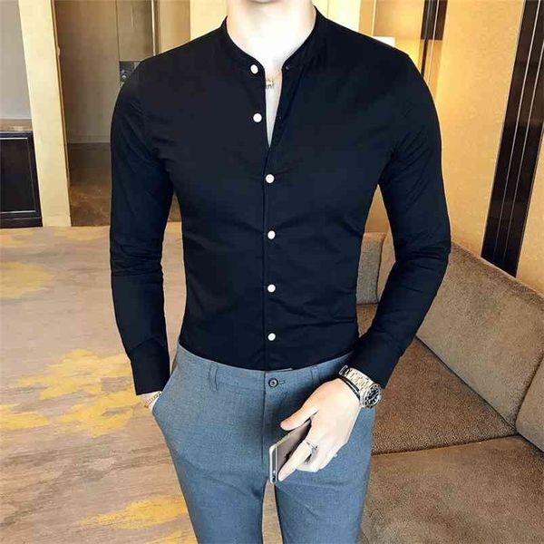 Alta Qualidade Homens Preto Camisa Casual Manga Longa Vestido Branco Camisas Slim Fit Masculino Stand Colar Primavera Solont Blusa Cor Sólida 210721