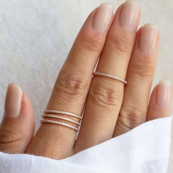 

cluster rings stainless steel minimalist thin for women wedding brilliant cubic zircon versatile female finger ring jewelry, Golden;silver