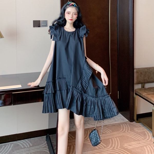 

dress irregular aransu mid-wear long plied for women summer dresses, Black;gray