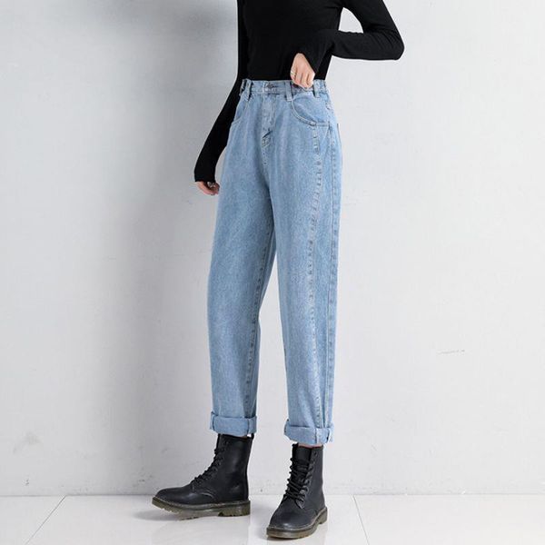 

casual denim long loose highly womens jeans elastic waist blue harem pants without belt n0006