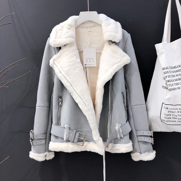 

women's fur & faux jacket women winter lamb jackets thick warm coat fashion motorcycle ladies 2021 plush female streetwear, Black