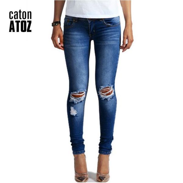 

catonatoz 1884 fashion ladies cotton denim pants stretch womens bleach ripped knees skinny jeans for female women's, Blue