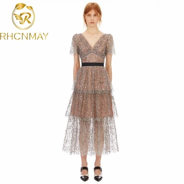 

summer women brand designer fashion sequined mesh dresses v-neck short sleeve high waist party long dress 210520, Black;gray