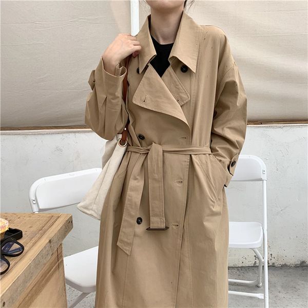 

casual dresses spring autumn long trench coat womens streetwear black khaki korean loose mid-length female harajuku outerwear, Black;gray