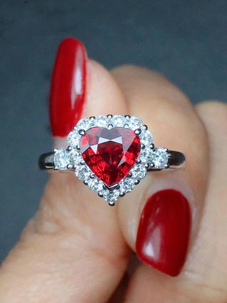 

garnetpersonality ruby red color zircon 925 silver love heart romantic finger ring for women wedding jewelry bague cluster rings, Golden;silver