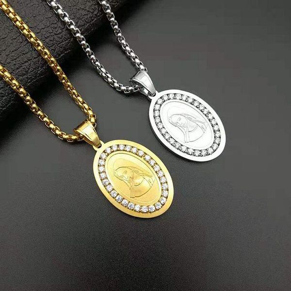 

pendant necklaces men women virgin mary pendants hip hop jewelry iced out bling rhinestone gold color madonna necklace chain, Silver