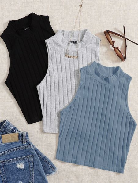 

3 pack mock neck rib-knit tank 47a1#, White