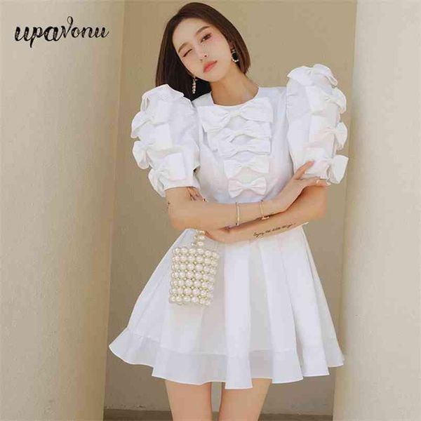 

sweet beauty dress butterfly summer o-neck hollow puff sleeve a line pleated party vestidos 210524, Black;gray