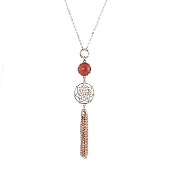 

pendant necklaces long metal fringe tassel round cutout hallow cobweb semi-precious stone necklace for women trendy sweater chain, Silver