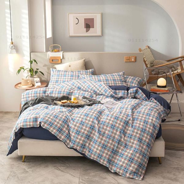 

bedding sets blue beige striped checkered line duvet cover set cotton  flat pillow case