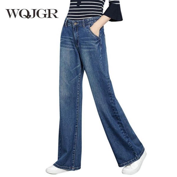 

women's jeans wqjgr spring and autumn trousers wide leg pants dark blue straight high waist plus size
