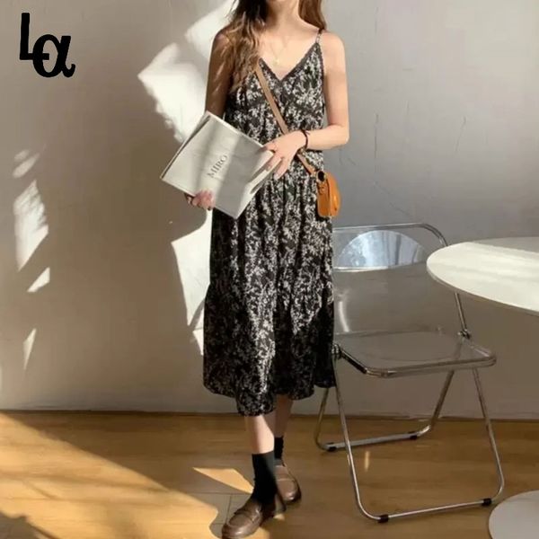 

women elegant v-neck print black dress summer lady lace spaghetti strap holidays vintage korean vestidos 210519, Black;gray