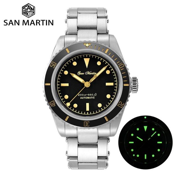 

wristwatches san martin 38mm vintage 6200 pencil hands retro diver watch luxury sapphire nh35a yn55a men automatic mechanical watches 20bar, Slivery;brown