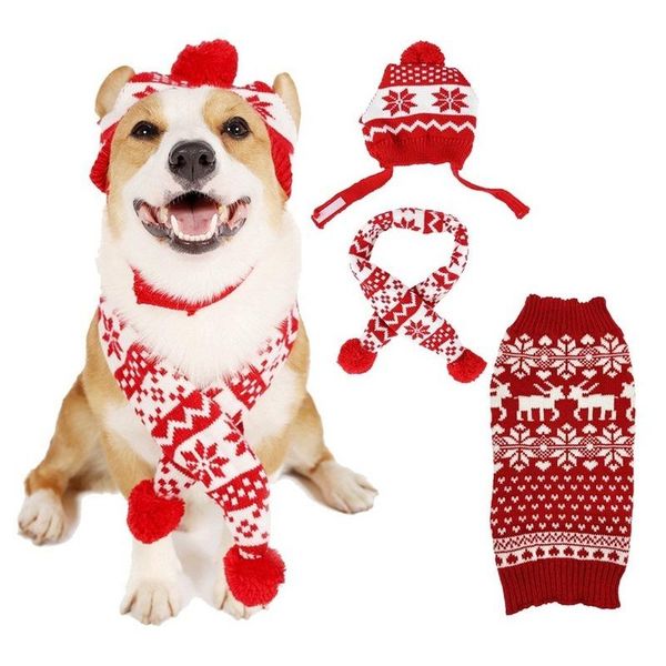

scarves cross-border spot dog dress up edelweiss deer red scarf hat set sweater on christmas day., Blue;gray
