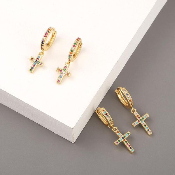 

hoop & huggie charm female rainbow zircon earrings classic gold color wedding trendy bride cross crystal for women, Golden;silver