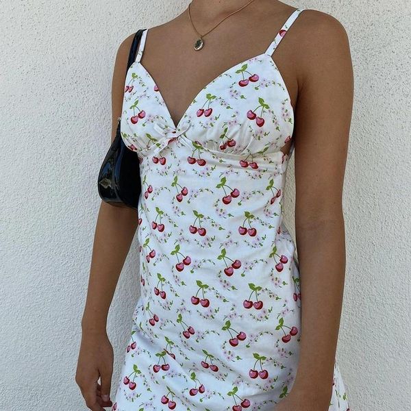 

casual dresses sweet girl dress cherry summer elegant lady v-neck spaghetti strap cami chic women vacation bodycon streetwear, Black;gray