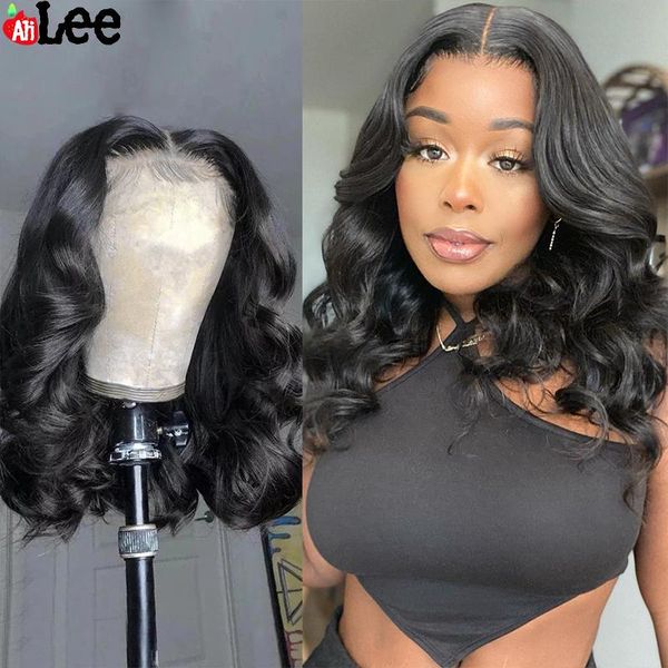 

lace wigs short bob closure wig body wave 13x4 front human hair for black women peruvian natural pre plucked hairline remy, Black;brown