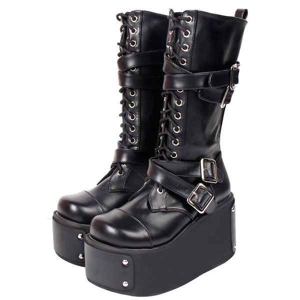 

boots angelic imprint handmade women motorcycle cool punk lady lolita wedges shoes girl gothic high heels pumps rivets 33-47, Black