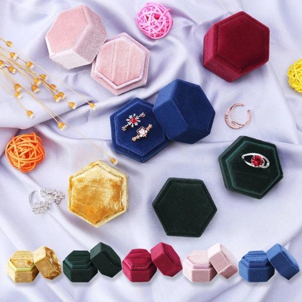 

jewelry pouches, bags lovely hexagon shape velvet ring box double storage wedding display for women gift earrings packaging pink, Pink;blue