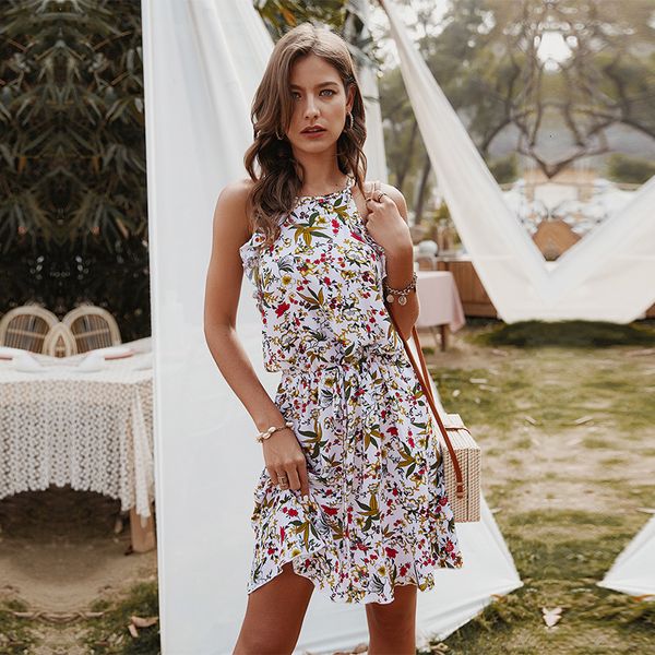

casual dresses summer ladies slim halter print women sleeveless ruffles above knee mini floral j22y, Black;gray