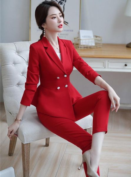 

formal women business suits with pencil pants and blazers coat ladies office work wear trousers sets pantsuits autumn winter women's tw, White