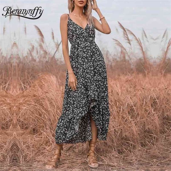 

v-neck chiffon ruffle hem women beach dresses print spaghetti strap asymmetrical summer long dress 210510, Black;gray