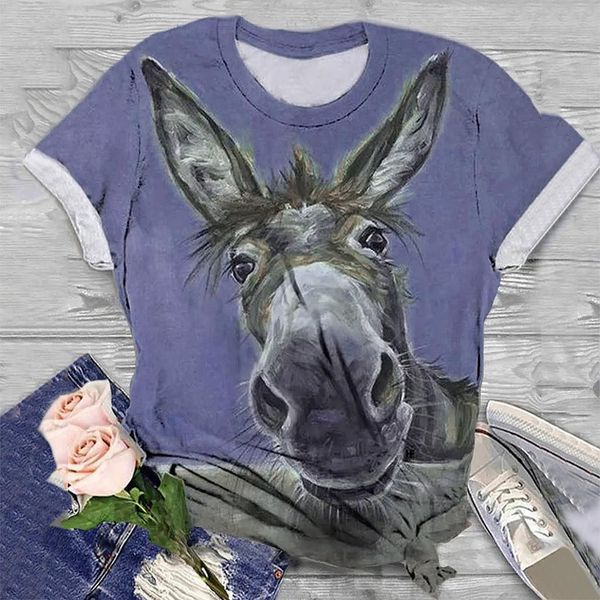 

harajuku short plus size cartoon women t shirt donkey printed sleeve o neck, White