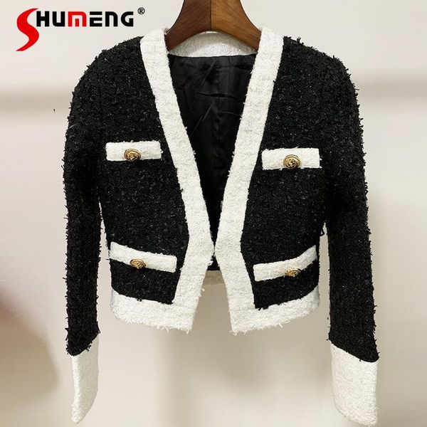 

women's jackets 2021 autumn ladies european black white stitching coat fashion simple office lady contrast color tweed short jacket, Black;brown