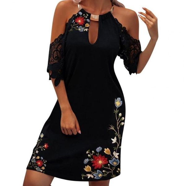 

casual dresses women fashion graceful floral print dress hollow out off shoulder strapless lace sleeve halter soft mini streetwear dating, Black;gray