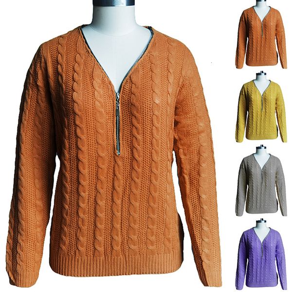 

2021 knitted twist v-neck zipper long sleeve sweater women, White;black