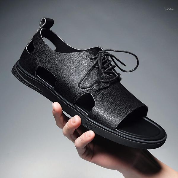 

sandals summer men's british fashion genuine leather beach shoes mens casual massage non-slip flats1 mfk8, Black