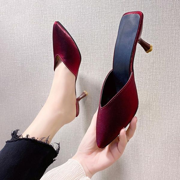 

slippers med casual shallow shoes pointed toe slides loafers slipers women heeled mules luxury 2021 cover high thin spring pu bo, Black