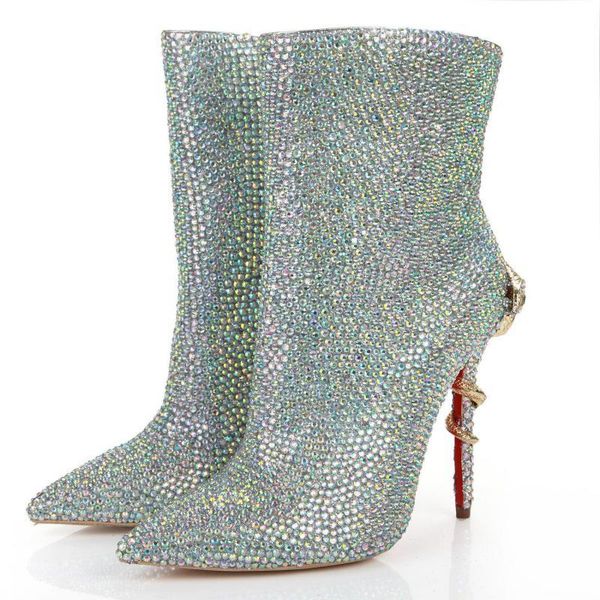 

boots ankle women snake high-heeled pointed zipper short handmade colorful diamond fashion crystal shoes woman botas mujer, Black