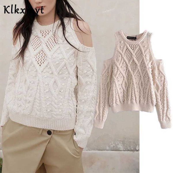 

klkxmyt za women fashion crochet strapless hollow out knitting sweater female chic o neck pullovers 210527, White;black
