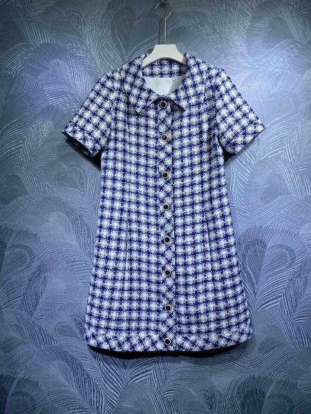 

2021 fall new lapel plaid short sleeve dress, Black;gray