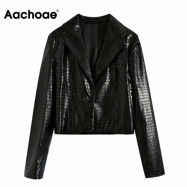 

aachoae chic snake print jacket women black color pu leather coat long sleeve stylish lady short spring autumn abrigo mujer 210413
