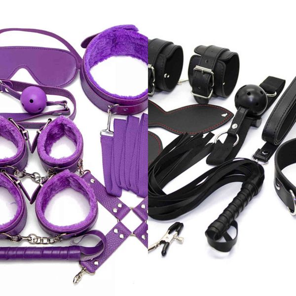 Fesseln Sexy Leder-BDSM-KitsSex-Bondage-Set Handschellen Fußschellen Peitschenseil Augenbinde Knebel Sexspielzeug für Paare Kits Exotisches Erwachsenenprodukt 1122