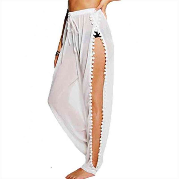

50%omens high-waist wide-leg trousers with drawstring side slits plush ball decoration bloomers trousers fitness dance wear, Black;white