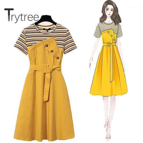 

casual dresses trytree 2021 summer women dress o-neck patchwork fake two pieces fashion a-line stripe belt button office lady, Black;gray