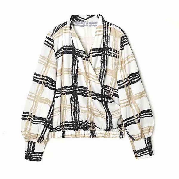 

women's knits & tees elegant women chic satin plaid shirts fashion ladies v-neck cross streetwear female causal elastic waist, White