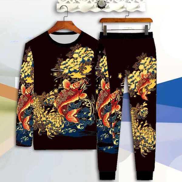 

men's tracksuits early autumn 2021 young and middle-aged suit 3d printing large size long-sleeved t-shirt trousers tide clothes fashion, Gray