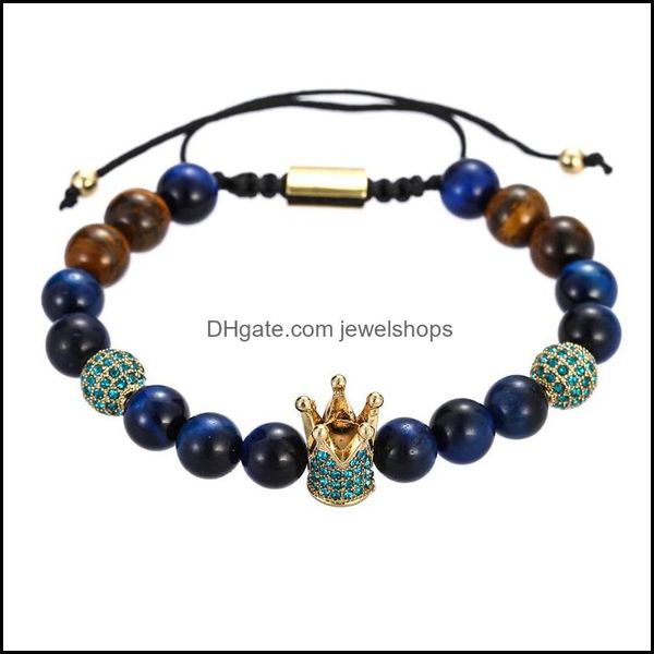 

beaded strands bracelets jewelry adjustable size tiger eye stone beads bracelet men women armband crown pseira mens pseras homme bijoux dro, Black